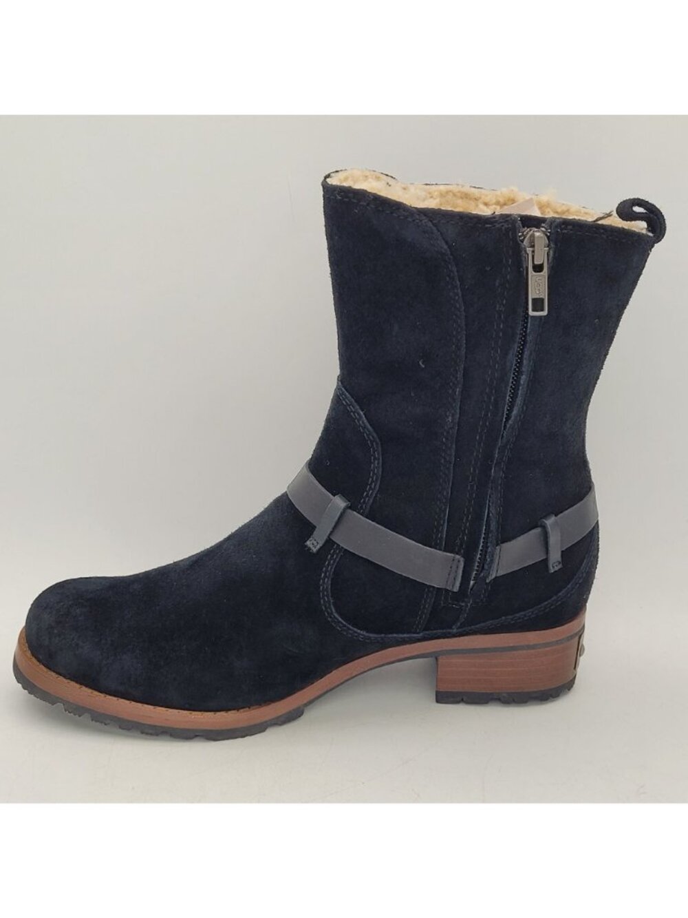 Ugg Australia Endell Womens 7.5 Black Suede Shearling Lined Moto Boots 9" NICE - Picture 4 of 16
